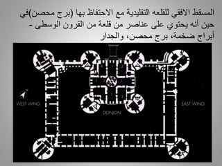 ‫التقليدية‬ ‫للقلعه‬ ‫االفقي‬ ‫المسقط‬‫بها‬ ‫االحتفاظ‬ ‫مع‬(‫بر‬‫محصن‬ ‫ج‬)‫في‬
‫الوسطى‬ ‫القرون‬ ‫من‬ ‫قلعة‬ ‫من‬ ‫عناصر‬ ‫على‬ ‫يحتوي‬ ‫أنه‬ ‫حين‬-
‫والجدار‬ ،‫محصن‬ ‫برج‬ ،‫ضخمة‬ ‫أبراج‬
 