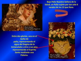 Bajo Palio Nuestra Señora de la Salud, un Palio sujeto por tan solo 6 varales de los 12 que lleva.Entre dos glorias, una en el techo de palio, representando el signo del Dogma de la Inmaculada y otro a sus pies representando el Espíritu Santo mediante una Paloma.