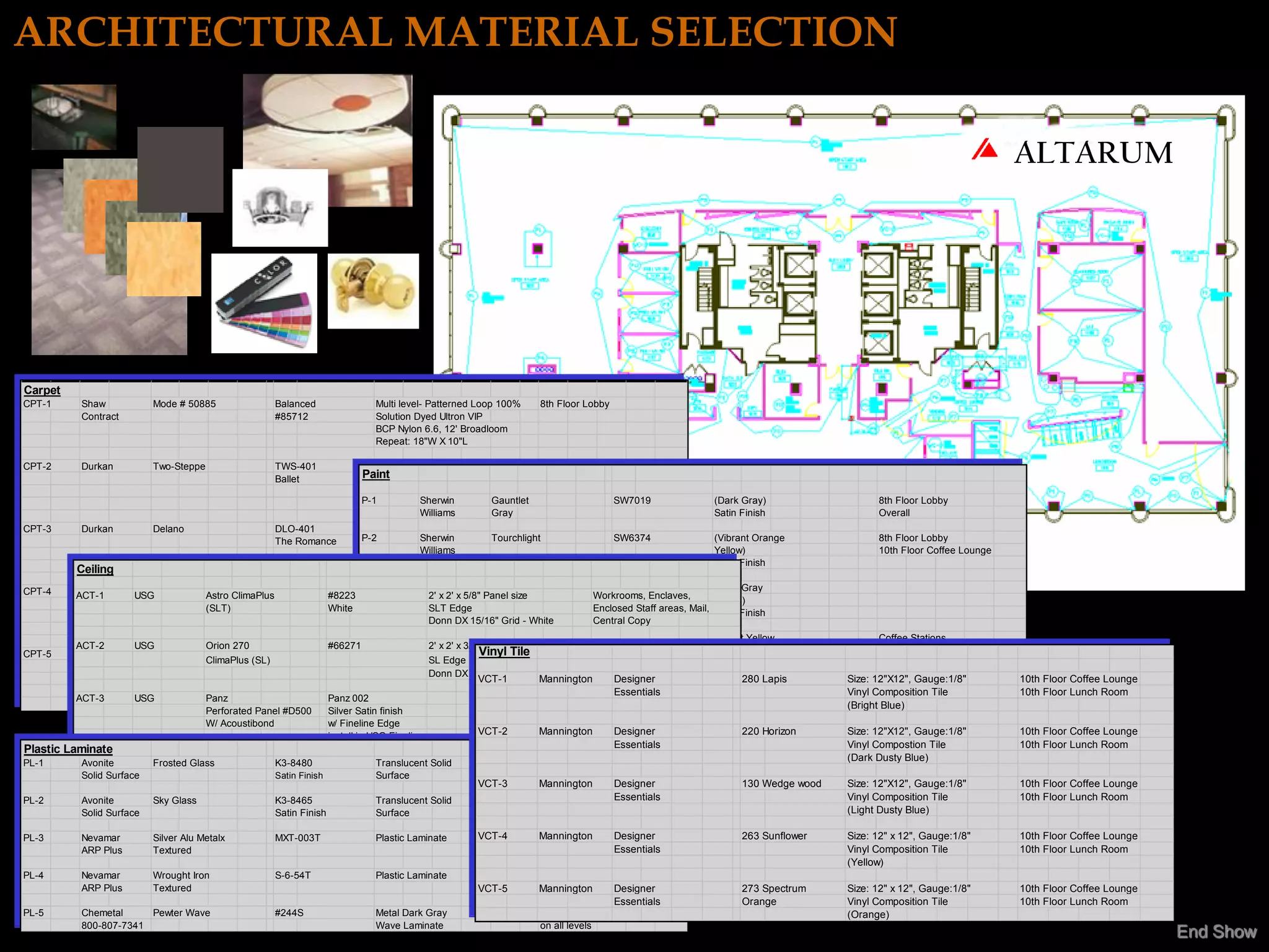 ARCHITECTURAL MATERIAL SELECTION

                                                                                                                                                                                                                   ALTARUM




Carpet
CPT-1     Shaw            Mode # 50885               Balanced                 Multi level- Patterned Loop 100%        8th Floor Lobby
          Contract                                   #85712                   Solution Dyed Ultron VIP
                                                                              BCP Nylon 6.6, 12' Broadloom
                                                                              Repeat: 18"W X 10"L

CPT-2     Durkan          Two-Steppe                 TWS-401                  Patterned Loop                          8th Floor Overall
                                                     Ballet                Paint
                                                                             Solutia Ultra VIP Nylon 6.6
                                                                              32 oz., 12' Broadloom
                                                                           P-1Repeat: 18" W X 36"L
                                                                                         Sherwin           Gauntlet                     SW7019             (Dark Gray)                  8th Floor Lobby
                                                                                         Williams          Gray                                            Satin Finish                 Overall
CPT-3     Durkan          Delano                     DLO-401                  Patterned Loop                         9th Floor Overall
                                                     The Romance           P-2Solutia Ultra VIP Nylon 6.6 Tourchlight
                                                                                         Sherwin                                      SW6374               (Vibrant Orange              8th Floor Lobby
                                                                                         Williams
                                                                              32 oz., 12' Broadloom                                                        Yellow)                      10th Floor Coffee Lounge
                                                                              Repeat: 18" W X 12 3/4"L                                                     Satin Finish
         Ceiling
CPT-4     Durkan                                                         P-3Patterned Sherwin           Retreat                   SW6207                    (Dark Gray
         ACT-1       USGHot Lights Astro ClimaPlus HLS-401     #8223                    Loop 2'
                                                                                       Williams x 5/8" Panel size
                                                                                          2' x                    10th Floor Overall
                                                                                                                              Workrooms, Enclaves,          Green)
                                   (SLT)           High Speed White         Solutia Ultra SLT Nylon 6.6
                                                                                          VIP Edge                            Enclosed Staff areas, Mail, Satin Finish
                                                                            32 oz., 12' Broadloom15/16" Grid - White
                                                                                          Donn DX                             Central Copy
                                                                            Repeat: 18" W X 36"L
                                                                         P-4           Sherwin          Moonraker                 SW6701                    (Bright Yellow              Coffee Stations
         ACT-2       USG           Orion 270                   #66271                  Williams x 3/4"Vinyl Tile Lobby
                                                                                          2' x 2'      Panel size             Open office                   Green)                      Paint behind backsplash
CPT-5     Bentley       Kings Road                  519                     Dense Cut Pile
                                   ClimaPlus (SL)                                         SL Edge                             Executive Conferences         Satin Finish
                                                   Black Pearl              Dupont Antron Legacy Nylon            Coffee Stations
                                                                                          Donn DX 15/16" Grid - White
                                                                            Dura Tech Soil Treatment  VCT-1       Mannington      Designer                         280 Lapis      Size: 12"X12", Gauge:1/8"        10th Floor Coffee Lounge
                                                                         P-512' Broadloom
                                                                                       Sherwin          Rejunenate                SW6620
                                                                                                                                  Essentials                (Vibrant Orange)              Kitchen Paint
                                                                                                                                                                                  Vinyl Composition Tile           10th Floor Lunch Room
         ACT-3       USG           Panz                        Panz 002                Williams                               Reception                     Satin Finish
                                                                            Repeat: No                                                                                            (Bright behind Backsplash
                                                                                                                                                                                          Blue)
                                   Perforated Panel #D500      Silver Satin finish                                            Note: Provide USG Compasso
                                   W/ Acoustibond              w/ Fineline Edge                                               edge profile 2'-4"H w/ finish
                                                               install in USG Fineline                VCT-2       Mannington to match silver satin
                                                                                                                                  Designer                         220 Horizon    Size: 12"X12", Gauge:1/8"        10th Floor Coffee Lounge
                                                                                                                                  Essentials                                      Vinyl Compostion Tile            10th Floor Lunch Room
Plastic Laminate                                               Edge 9/16" (DXF)
                                                                    Suspension Grid                                                                                               (Dark Dusty Blue)
PL-1      Avonite         Frosted Glass              K3-8480                 Translucent Solid                        8th Floor Recepton
          Solid Surface                              Satin Finish also in silver satin
                                                                              Surface                                 Transaction Top
                                                                                                      VCT-3           Mannington      Designer                   130 Wedge wood   Size: 12"X12", Gauge:1/8"        10th Floor Coffee Lounge
PL-2      Avonite         Sky Glass                  K3-8465                  Translucent Solid                                       Essentials
                                                                                                                      10th Floor Coffee Lounge                                    Vinyl Composition Tile           10th Floor Lunch Room
          Solid Surface                              Satin Finish             Surface                                 Rotating Transaction Top                                    (Light Dusty Blue)

PL-3      Nevamar         Silver Alu Metalx          MXT-003T                 Plastic Laminate        VCT-4           Mannington        Designer
                                                                                                                      All millwork countertops                   263 Sunflower    Size: 12" x 12", Gauge:1/8"      10th Floor Coffee Lounge
          ARP Plus        Textured                                                                                    All millwork upperEssentials
                                                                                                                                         cabinets                                 Vinyl Composition Tile           10th Floor Lunch Room
                                                                                                                                                                                  (Yellow)
PL-4      Nevamar         Wrought Iron               S-6-54T                  Plastic Laminate                        All millwork
          ARP Plus        Textured                                                                    VCT-5           Lower Cabinets Designer
                                                                                                                      Mannington                                 273 Spectrum     Size: 12" x 12", Gauge:1/8"      10th Floor Coffee Lounge
                                                                                                                                       Essentials                Orange           Vinyl Composition Tile           10th Floor Lunch Room
PL-5      Chemetal     Pewter Wave                   #244S                    Metal Dark Gray                         Coffee Stations Backsplash                                  (Orange)
          800-807-7341                                                        Wave Laminate                           on all levels
                                                                                                                                                                                                                                              End Show
 