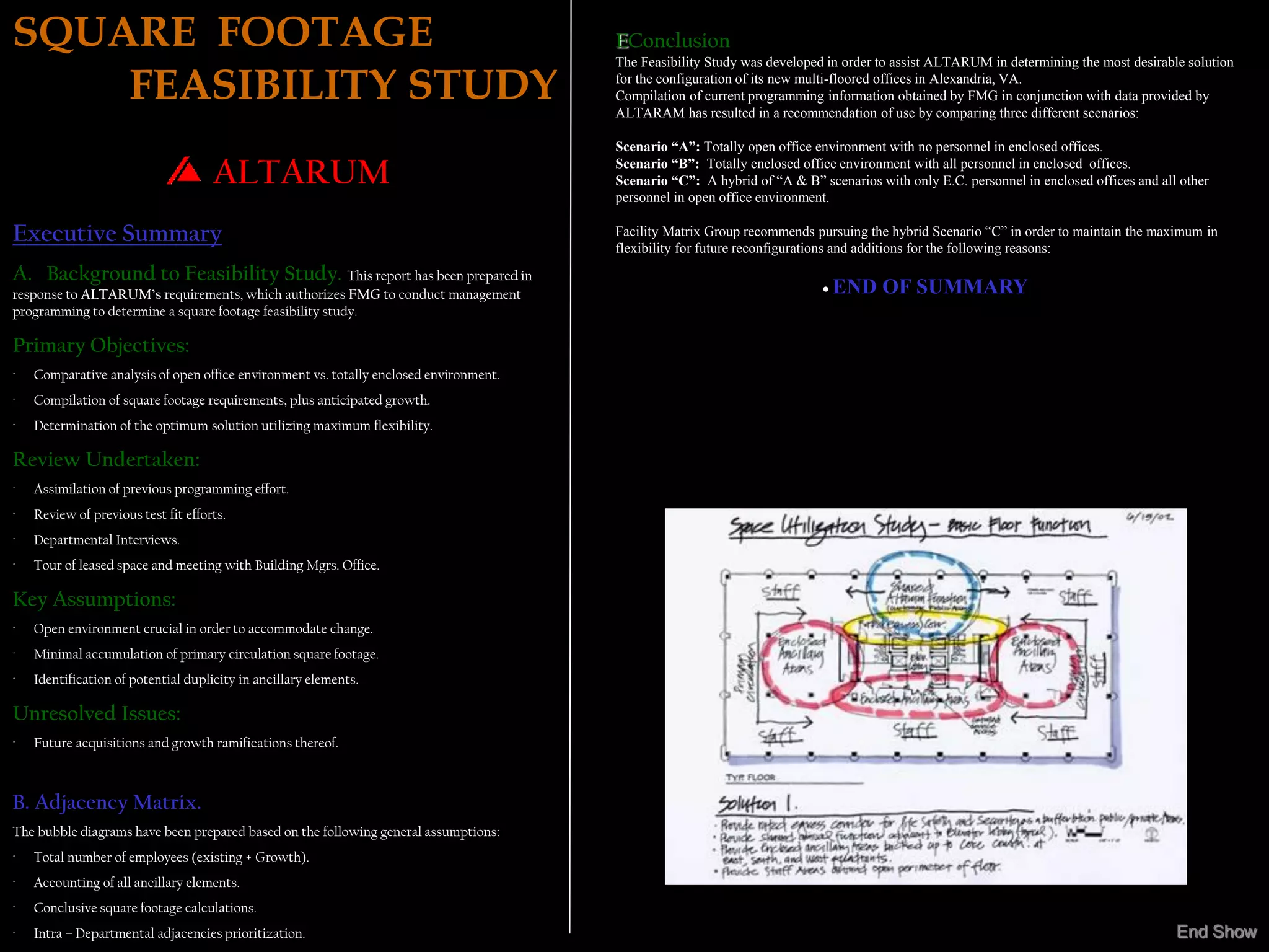 SQUARE FOOTAGE                                                                          EConclusion
                                                                                        The Feasibility Study was developed in order to assist ALTARUM in determining the most desirable solution

    FEASIBILITY STUDY                                                                   for the configuration of its new multi-floored offices in Alexandria, VA.
                                                                                        Compilation of current programming information obtained by FMG in conjunction with data provided by
                                                                                        ALTARAM has resulted in a recommendation of use by comparing three different scenarios:

                                                                                        Scenario “A”: Totally open office environment with no personnel in enclosed offices.
                                                                                        Scenario “B”: Totally enclosed office environment with all personnel in enclosed offices.
                                     ALTARUM                                            Scenario “C”: A hybrid of “A & B” scenarios with only E.C. personnel in enclosed offices and all other
                                                                                        personnel in open office environment.

Executive Summary                                                                       Facility Matrix Group recommends pursuing the hybrid Scenario “C” in order to maintain the maximum in
                                                                                        flexibility for future reconfigurations and additions for the following reasons:
A. Background to Feasibility Study. This report has been prepared in
response to ALTARUM’s requirements, which authorizes FMG to conduct management                                              END     OF SUMMARY
programming to determine a square footage feasibility study.

Primary Objectives:
·   Comparative analysis of open office environment vs. totally enclosed environment.
·   Compilation of square footage requirements, plus anticipated growth.
·   Determination of the optimum solution utilizing maximum flexibility.

Review Undertaken:
·   Assimilation of previous programming effort.
·   Review of previous test fit efforts.
·   Departmental Interviews.
·   Tour of leased space and meeting with Building Mgrs. Office.

Key Assumptions:
·   Open environment crucial in order to accommodate change.
·   Minimal accumulation of primary circulation square footage.
·   Identification of potential duplicity in ancillary elements.

Unresolved Issues:
·   Future acquisitions and growth ramifications thereof.



B. Adjacency Matrix.
The bubble diagrams have been prepared based on the following general assumptions:
·   Total number of employees (existing + Growth).
·   Accounting of all ancillary elements.
·   Conclusive square footage calculations.
·   Intra – Departmental adjacencies prioritization.                                                                                                                                    End Show
 