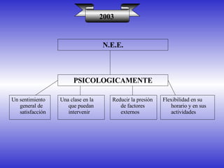 PSICOLOGICAMENTE 2003 Un sentimiento general de satisfacción Una clase en la que puedan intervenir Flexibilidad en su horario y en sus actividades N.E.E. Reducir la presión de factores externos 