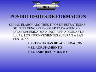 POSIBILIDADES DE FORMACIÓN 2003 SE HAN ELABORADO TRES TIPOS DE ESTRATEGIAS DE INTERVENCION ESCOLAR PARA ATENDER ESTAS NECESIDADES AUNQUE EN ALGUNAS DE ELLAS, LOS INCONVENIENTES SUPERAN A LAS VENTAJAS: ESTRATEGIAS DE ACELERACIÓN EL AGRUPAMIENTO EL ENRIQUECIMIENTO 