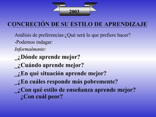 CONCRECIÓN DE SU ESTILO DE APRENDIZAJE 2003 Análisis de preferencias:¿Qué será lo que prefiere hacer? -Podemos indagar: Informalmente : _¿Dónde aprende mejor? _¿Cuándo aprende mejor? _¿En qué situación aprende mejor? _¿En cuáles responde más pobremente? _¿Con qué estilo de enseñanza aprende mejor?  ¿Con cuál peor? 