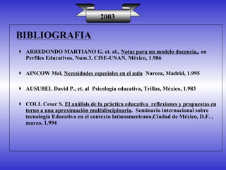 BIBLIOGRAFIA 2003 ARREDONDO MARTIANO G. et. al.,  Notas para un modelo docencia, , en Perfiles Educativos, Num.3, CISE-UNAN, México, 1.986 AINCOW Mel,  Necesidades especiales en el aula   Narcea, Madrid, 1.995 AUSUBEL David P., et. al  Psicología educativa, Trillas, México, 1.983 COLL Cesar S.  El análisis de la práctica educativa  reflexiones y propuestas en torno a una aproximación multidiscipinaria .  Seminario internacional sobre tecnología Educativa en el contexto latinoamericano,Ciudad de México, D.F. , marzo, 1.994 