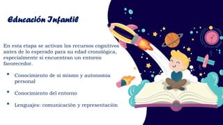 Educación Infantil
En esta etapa se activan los recursos cognitivos
antes de lo esperado para su edad cronológica,
especialmente si encuentran un entorno
favorecedor.
• Conocimiento de sí mismo y autonomía
personal
• Conocimiento del entorno
• Lenguajes: comunicación y representación
 