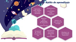 Estilo de aprendizaje
Enfrentarse
a
contenidos
más
complejos
Aprender
más rápido,
con más
facilidad
Mostrar
gran
capacidad
de atención
y
observación
Poseer un
alto nivel de
energía
Manifestar
un buen
potencial
de
aprendizaje
Ocuparse
de varias
temas a la
vez
Realizar un
aprendizaje
inductivo
 
