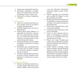 11
2:
Poseen gran capacidad de iniciativa.
•
•
Manifiestan creatividad y originali-
•
•
dad en las producciones que reali-
zan (dibujos, juegos, música, etc).
Disfrutan de una gran imaginación
•
•
y fantasía.
Personalidad
3.	
Suelen ser muy perfeccionistas y crí-
•
•
ticos consigo mismo en las tareas y
el trabajo que desarrollan.
Prefieren trabajar solos, son muy in-
•
•
dependientes.
Pueden liderar grupos debido a su
•
•
capacidad de convicción y persua-
sión y a la seguridad que manifies-
tan. Con frecuencia muestran gran
interés por la organización y mane-
jo de los grupos de trabajo.
Presentan perseverancia en aquellas
•
•
actividades y tareas que le motivan
e interesan.
Manifiestan gran sensibilidad hacia
•
•
el mundo que les rodea e interés
con los temas morales y relaciona-
dos con la justicia.
Tienden a responsabilizarse del pro-
•
•
pio éxito o fracaso. Muestran inde-
pendencia y confianza en sus posi-
bilidades.
Aptitud académica
4.	
Realizan aprendizajes tempranos y
•
•
con poca ayuda. Aprenden con fa-
cilidad y rapidez nuevos contenidos
y de gran dificultad. Manifiestan
interés por adquirir nuevos conoci-
mientos.
Poseen capacidad para desarrollar
•
•
gran cantidad de trabajo. Su afán
de superación es grande.
Realizan fácilmente transferencia de
•
•
lo aprendido a nuevas situaciones y
contextos, formulando principios y
generalizaciones.
Tienen gran capacidad para dirigir
•
•
su propio aprendizaje.
Comienzan a leer muy pronto y dis-
•
•
frutan haciéndolo.
Tienen un buen dominio del len-
•
•
guaje, a nivel expresivo y compren-
sivo, con un vocabulario muy rico y
avanzado para su edad.
Poseen una mayor facilidad para
•
•
automatizar las destrezas y procedi-
mientos mecánicos como la lectura,
escritura, cálculo...
Suelen mostrar un elevado interés
•
•
hacia contenidos de aprendizaje de
carácter erudito, técnico o social,
dedicando esfuerzos prolongados y
mantenidos en asimilarlos y profun-
dizar en ellos y llegando a especiali-
zarse en algún tema de su interés.
 