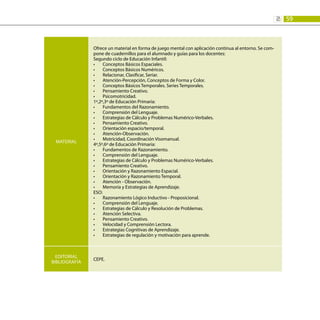 59
2:
MATERIAL
Ofrece un material en forma de juego mental con aplicación continua al entorno. Se com-
pone de cuadernillos para el alumnado y guías para los docentes:
Segundo ciclo de Educación Infantil:
Conceptos Básicos Espaciales.
•	
Conceptos Básicos Numéricos.
•	
Relacionar, Clasificar, Seriar.
•	
Atención-Percepción, Conceptos de Forma y Color.
•	
Conceptos Básicos Temporales. Series Temporales.
•	
Pensamiento Creativo.
•	
Psicomotricidad.
•	
1º,2º,3º de Educación Primaria:
Fundamentos del Razonamiento.
•	
Comprensión del Lenguaje.
•	
Estrategias de Cálculo y Problemas Numérico-Verbales.
•	
Pensamiento Creativo.
•	
Orientación espacio/temporal.
•	
Atención-Observación.
•	
Motricidad, Coordinación Visomanual.
•	
4º,5º,6º de Educación Primaria:
Fundamentos de Razonamiento.
•	
Comprensión del Lenguaje.
•	
Estrategias de Cálculo y Problemas Numérico-Verbales.
•	
Pensamiento Creativo.
•	
Orientación y Razonamiento Espacial.
•	
Orientación y Razonamiento Temporal.
•	
Atención - Observación.
•	
Memoria y Estrategias de Aprendizaje.
•	
ESO:
Razonamiento Lógico Inductivo - Proposicional.
•	
Comprensión del Lenguaje.
•	
Estrategias de Cálculo y Resolución de Problemas.
•	
Atención Selectiva.
•	
Pensamiento Creativo.
•	
Velocidad y Comprensión Lectora.
•	
Estrategias Cognitivas de Aprendizaje.
•	
Estrategias de regulación y motivación para aprende.
•	
EDITORIAL
BIBLIOGRAFÍA
CEPE.
 