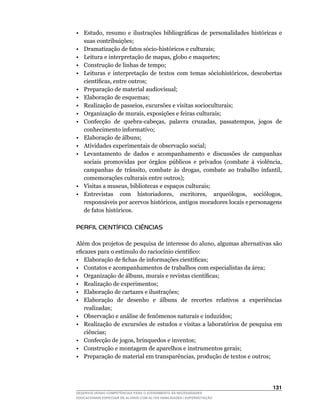 •	 Estudo,	 resumo	 e	 ilustrações	 bibliográficas	 de	 personalidades	 históricas	 e	
   suas contribuições;
•	 Dramatização	de	fatos	sócio-históricos	e	culturais;
•	 Leitura	e	interpretação	de	mapas,	globo	e	maquetes;
• Construção de linhas de tempo;
•	 Leituras	 e	 interpretação	 de	 textos	 com	 temas	 sóciohistóricos,	 descobertas	
   científicas,	entre	outros;
• Preparação de material audiovisual;
• Elaboração de esquemas;
•	 Realização	de	passeios,	excursões	e	visitas	socioculturais;
•	 Organização	de	murais,	exposições	e	feiras	culturais;
•	 Confecção	 de	 quebra-cabeças,	 palavra	 cruzadas,	 passatempos,	 jogos	 de	
   conhecimento informativo;
• Elaboração de álbuns;
• Atividades experimentais de observação social;
•	 Levantamento	 de	 dados	 e	 acompanhamento	 e	 discussões	 de	 campanhas	
   sociais	 promovidas	 por	 órgãos	 públicos	 e	 privados	 (combate	 à	 violência,	
   campanhas	 de	 trânsito,	 combate	 às	 drogas,	 combate	 ao	 trabalho	 infantil,	
   comemorações culturais entre outros);
•	 Visitas	a	museus,	bibliotecas	e	espaços	culturais;
•	 Entrevistas	 	 com	 	 historiadores,	 	 escritores,	 	 arqueólogos,	 	 sociólogos,	
   responsáveis		por		acervos		históricos,		antigos		moradores		locais		e	personagens	
   de fatos históricos.

PERFIL CIENTÍFICO: CIÊNCIAS

Além	dos	projetos	de	pesquisa	de	interesse	do	aluno,	algumas	alternativas	são	
eficazes	para	o	estímulo	do	raciocínio	científico:
•	 Elaboração	de	fichas	de	informações	científicas;
• Contatos e acompanhamentos de trabalhos com especialistas da área;
•	 Organização	de	álbuns,	murais	e	revistas	científicas;
• Realização de experimentos;
• Elaboração de cartazes e ilustrações;
• Elaboração de desenho e álbuns de recortes relativos a experiências
   realizadas;
•	 Observação	e	análise	de	fenômenos	naturais	e	induzidos;
• Realização de excursões de estudos e visitas a laboratórios de pesquisa em
   ciências;
•	 Confecção	de	jogos,	brinquedos	e	inventos;
• Construção e montagem de aparelhos e instrumentos gerais;
•	 Preparação	de	material	em	transparências,	produção	de	textos	e	outros;




                                                                                 131
DESENVOLVENDO COMPETÊNCIAS PARA O ATENDIMENTO ÀS NECESSIDADES
EDUCACIONAIS ESPECIAIS DE ALUNOS COM ALTAS HABILIDADES / SUPERDOTAÇÃO
 