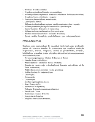 •    Produção de textos variados;
•    Criação e produção de histórias em quadrinhos;
•	   Elaboração	de	textos	poéticos,	narrativos,	descritivos,	fictícios	e	românticos;
•    Criação de textos publicitários e slogans;
•    Dramatização e criação de peças teatrais;
•    Confecção de diários;
•	   Elaboração	e	ilustração	de	cartazes,	painéis,	quadro	de	avisos	e	murais;
•    Elaboração e resolução de palavras cruzadas e passatempos;
•    Desenvolvimento de roteiros de entrevistas;
•    Elaboração de meios alternativos de comunicação;
•	   Relato	e	discussões	de	filmes	e	noticiário	de	jornais;
•	   Estudo	e	análise	dos	padrões	usuais	da	língua	e	suas	variantes	culturais.

PERFIL INTELECTUAL

Os	alunos		com		características		de		capacidade		intelectual		geral,		geralmente	
gostam	 	 de	 	 enfrentar	 	 desafios	 	 de	 	 pensamentos	 	 que	 	 envolvem	 	 resolução	
                                                                                          	
de	 problemas,	 	 rapidez,	 	 perspicácia,	 	 análise	 	 de	 	 possibilidades,	 	 memória,	
habilidade	de	generalizar	e	criar	princípios.	Alternativas	interessantes	podem	
advir do trabalho com:
• Ferramentas para pensar (Modelo de Edward de Bono);
•	 Desafios	do	raciocínio	lógico;
•	 Análise	de	fatos	e	fenômenos	da	vida	cotidiana;
•	 Desafios		de		compreensão		e		significados		de		fórmulas		matemáticas,		leis	da	
   física,	entre	outros;
• Análise de questões essenciais e idéias genéricas;
• Análise de situações metacognitivas;
•	 Observação;
• Comparação;
•	 Classificação;
• Coleta e organização de dados;
• Busca de suposições;
• Formulação de hipóteses;
•	 Aplicação	de	princípios	em	novas	situações;
•	 Exercício	de	Crítica;
•	 Estímulo	ao	processo	decisório;
• Interpretação de dados;
•	 Enigmas,	entre	outras	atividades.




                                                                                      133
DESENVOLVENDO COMPETÊNCIAS PARA O ATENDIMENTO ÀS NECESSIDADES
EDUCACIONAIS ESPECIAIS DE ALUNOS COM ALTAS HABILIDADES / SUPERDOTAÇÃO
 