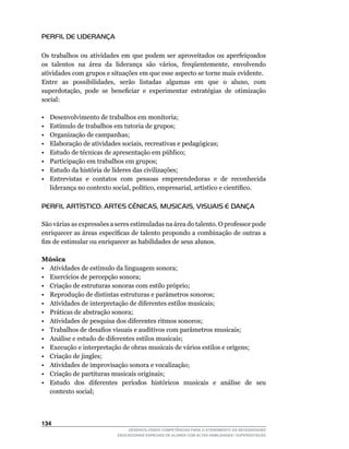 PERFIL DE LIDERANÇA

Os	 trabalhos	 ou	 atividades	 em	 que	 podem	 ser	 aproveitados	 ou	 aperfeiçoados	
os		talentos		na		área		da		liderança		são		vários,		freqüentemente,		envolvendo	
atividades com grupos e situações em que esse aspecto se torne mais evidente.
Entre	 	 as	 	 possibilidades,	 	 serão	 	 listadas	 	 algumas	 	 em	 	 que	 	 o	 	 aluno,	 	 com	
superdotação,	 pode	 se	 beneficiar	 e	 experimentar	 estratégias	 de	 otimização	
social:

•    Desenvolvimento de trabalhos em monitoria;
•	   Estímulo	de	trabalhos	em	tutoria	de	grupos;
•	   Organização	de	campanhas;
•	   Elaboração	de	atividades	sociais,	recreativas	e	pedagógicas;
•	   Estudo	de	técnicas	de	apresentação	em	público;
•    Participação em trabalhos em grupos;
•	   Estudo	da	história	de	líderes	das	civilizações;
•    Entrevistas e contatos com pessoas empreendedoras e de reconhecida
     liderança	no	contexto	social,	político,	empresarial,	artístico	e	científico.

PERFIL ARTÍSTICO: ARTES CÊNICAS, MUSICAIS, VISUAIS E DANÇA

São	várias	as	expressões	a	seres	estimuladas	na	área	do	talento.	O	professor	pode	
enriquecer	as	áreas	específicas	de	talento	propondo	a	combinação	de	outras	a	
fim	de	estimular	ou	enriquecer	as	habilidades	de	seus	alunos.

Música
•	 Atividades	de	estímulo	da	linguagem	sonora;
•	 Exercícios	de	percepção	sonora;
• Criação de estruturas sonoras com estilo próprio;
• Reprodução de distintas estruturas e parâmetros sonoros;
• Atividades de interpretação de diferentes estilos musicais;
• Práticas de abstração sonora;
• Atividades de pesquisa dos diferentes ritmos sonoros;
•	 Trabalhos	de	desafios	visuais	e	auditivos	com	parâmetros	musicais;
• Análise e estudo de diferentes estilos musicais;
• Execução e interpretação de obras musicais de vários estilos e origens;
• Criação de jingles;
• Atividades de improvisação sonora e vocalização;
• Criação de partituras musicais originais;
•	 Estudo	 	 dos	 	 diferentes	 	 períodos	 	 históricos	 	 musicais	 	 e	 	 análise	 	 de	 	 seu	
   contexto social;



134
                                    DESENVOLVENDO COMPETÊNCIAS PARA O ATENDIMENTO ÀS NECESSIDADES
                                EDUCACIONAIS ESPECIAIS DE ALUNOS COM ALTAS HABILIDADES / SUPERDOTAÇÃO
 