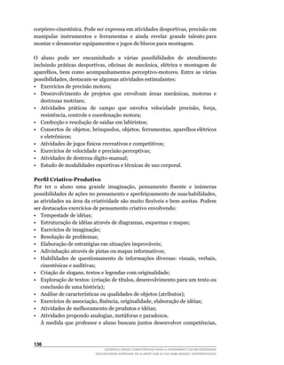 corpóreo-cinestésica.	Pode	ser	expressa	em	atividades	desportivas,	precisão	em	
                                                                              	
manipular instrumentos e ferramentas e ainda revelar grande talento para
montar e desmontar equipamentos e jogos de blocos para montagem.

O		aluno		pode		ser		encaminhado		a		várias		possibilidades		de		atendimento	
incluindo	 práticas	 desportivas,	 oficinas	 de	 mecânica,	 elétrica	 e	 montagem	 de	
aparelhos,	 bem	 como	 acompanhamentos	 perceptivo-motores.	 Entre	 as	 várias	
possibilidades,	destacam-se	algumas	atividades	estimulantes:
•	 Exercícios	de	precisão	motora;
•	 Desenvolvimento	 de	 projetos	 que	 envolvam	 áreas	 mecânicas,	 motoras	 e	
   destrezas motrizes;
•	 Atividades		práticas		de		campo		que		envolva		velocidade		precisão,		força,	
   resistência,	controle	e	coordenação	motora;
•	 Confecção	e	resolução	de	saídas	em	labirintos;
•	 Consertos		de		objetos,		brinquedos,		objetos,		ferramentas,		aparelhos	elétricos	
   e	eletrônicos;
•	 Atividades	de	jogos	físicos	recreativos	e	competitivos;
•	 Exercícios	de	velocidade	e	precisão	perceptivas;
•	 Atividades	de	destreza	dígito-manual;
• Estudo de modalidades esportivas e técnicas de uso corporal.

Perfil Criativo-Produtivo
Por		ter		o		aluno		uma		grande		imaginação,		pensamento		fluente		e		inúmeras	
possibilidades		de		ações		no		pensamento		e		aperfeiçoamento		de		suas	habilidades,	
as	atividades	na	área	da	criatividade	são	muito	flexíveis	e	bem	aceitas.	Podem	
ser	destacados	exercícios	de	pensamento	criativo	envolvendo:
• Tempestade de idéias;
•	 Estruturação	de	idéias	através	de	diagramas,	esquemas	e	mapas;
•	 Exercícios	de	imaginação;
• Resolução de problemas;
• Elaboração de estratégias em situações improváveis;
• Adivinhação através de pistas ou mapas informativos;
•	 Habilidades	 de	 questionamento	 de	 informações	 diversas:	 visuais,	 verbais,	
   cinestésicas e auditivas;
•	 Criação	de	slogans,	textos	e	legendas	com	originalidade;
•	 Exploração	de	textos:	(criação	de	títulos,	desenvolvimento	para	um	texto	ou	
   conclusão de uma história);
•	 Análise	de	características	ou	qualidades	de	objetos	(atributos);
•	 Exercícios	de	associação,	fluência,	originalidade,	elaboração	de	idéias;
• Atividades de melhoramento de produtos e idéias;
•	 Atividades	propondo	analogias,	metáforas	e	paradoxos.
	 À	medida	que	professor	e	aluno	buscam	juntos	desenvolver	competências,	



136
                                DESENVOLVENDO COMPETÊNCIAS PARA O ATENDIMENTO ÀS NECESSIDADES
                            EDUCACIONAIS ESPECIAIS DE ALUNOS COM ALTAS HABILIDADES / SUPERDOTAÇÃO
 