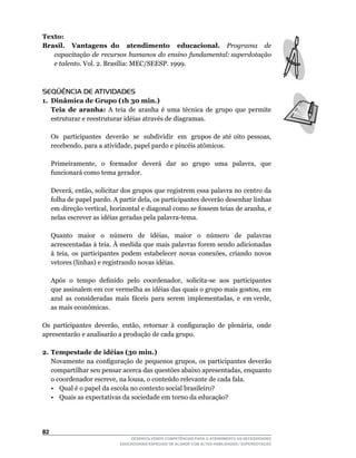 Texto:
Brasil. Vantagens do atendimento educacional. Programa de
   capacitação de recursos humanos do ensino fundamental: superdotação
   e talento.	Vol.	2.	Brasília:	MEC/SEESP.	1999.



SEQÜÊNCIA DE ATIVIDADES
1. Dinâmica de Grupo (1h 30 min.)
   Teia de aranha: A teia de aranha é uma técnica de grupo que permite
   estruturar e reestruturar idéias através de diagramas.

	    Os		 participantes		deverão		se		subdividir	 	em	 	grupos	 de	até	 oito	 pessoas,	
     recebendo,	para	a	atividade,	papel	pardo	e	pincéis	atômicos.

	    Primeiramente,	 	 o	 	 formador	 	 deverá	 	 dar	 	 ao	 	 grupo	 	 uma	 	 palavra,	 	 que	
     funcionará como tema gerador.

	    Deverá,	então,	solicitar	dos	grupos	que	registrem	essa	palavra	no	centro	da	
     folha	de	papel	pardo.	A	partir	dela,	os	participantes	deverão	desenhar	linhas	
     em	direção	vertical,	horizontal	e	diagonal	como	se	fossem	teias	de	aranha,	e	
     nelas	escrever	as	idéias	geradas	pela	palavra-tema.

	    Quanto	 	 maior	 	 o	 	 número	 	 de	 	 idéias,	 	 maior	 	 o	 	 número	 	 de	 	 palavras	
     acrescentadas à teia. À medida que mais palavras forem sendo adicionadas
     à	 teia,	 os	 participantes	 podem	 estabelecer	 novas	 conexões,	 criando	 novos	
     vetores (linhas) e registrando novas idéias.

	    Após		o		tempo		definido		pelo		coordenador,		solicita-se		aos		participantes	
     que	assinalem	em	cor	vermelha	as	idéias	das	quais	o	grupo	mais	gostou,	em	     	
     azul		as		consideradas		mais		fáceis		para		serem		implementadas,		e		em	verde,	
     as	mais	econômicas.

Os	 participantes	 deverão,	 então,	 retornar	 à	 configuração	 de	 plenária,	 onde	
apresentarão e analisarão a produção de cada grupo.

2. Tempestade de idéias (30 min.)
	 Novamente	 na	 configuração	 de	 pequenos	 grupos,	 os	 participantes	 deverão	
   compartilhar	seu	pensar	acerca	das	questões	abaixo	apresentadas,	enquanto	
   o	coordenador	escreve,	na	lousa,	o	conteúdo	relevante	de	cada	fala.
   • Qual é o papel da escola no contexto social brasileiro?
   • Quais as expectativas da sociedade em torno da educação?




2
                                    DESENVOLVENDO COMPETÊNCIAS PARA O ATENDIMENTO ÀS NECESSIDADES
                                EDUCACIONAIS ESPECIAIS DE ALUNOS COM ALTAS HABILIDADES / SUPERDOTAÇÃO
 