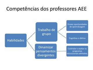 Competências dos professores AEE
Habilidades
Trabalho de
grupo
Prover oportunidades
de aprendizagem
Cognitivo e afetivo
Dinamizar
pensamentos
divergentes
Controlar e avaliar os
programas
educacionais adotados.
 