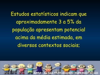 Estudos estatísticos indicam que
aproximadamente 3 a 5% da
população apresentam potencial
acima da média estimada, em
diversos contextos sociais;
ÁREA: ALTAS HABILIDADES/ SUPERDOTAÇÃO
 