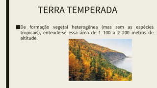 TERRA TEMPERADA
■De formação vegetal heterogênea (mas sem as espécies
tropicais), entende-se essa área de 1 100 a 2 200 metros de
altitude.
 