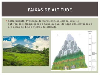  Terra Quente: Presença de florestas tropicais (pluvial) e
subtropicais. Compreende a faixa que vai do sopé das elevações a
até cerca de 1.100 metros de altitude.
FAIXAS DE ALTITUDE
 