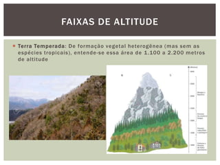  Terra Temperada: De formação vegetal heterogênea (mas sem as
espécies tropicais), entende-se essa área de 1.100 a 2.200 metros
de altitude
FAIXAS DE ALTITUDE
 