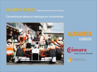 OLYMPO BOXES          Programa Aceleración de Startups


Convertimos ideas en startups en movimiento




                                                         ALTAVISTA
                                                             ventures
                             ALTAVISTA
                                          ventures
 