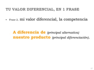 TU VALOR DIFERENCIAL, EN 1 FRASE

•   Frase 2,   mi valor diferencial, la competencia


       A diferencia de (principal ...