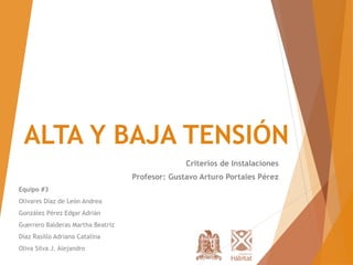 ALTA Y BAJA TENSIÓN 
Criterios de Instalaciones 
Profesor: Gustavo Arturo Portales Pérez 
Equipo #3 
Olivares Díaz de León Andrea 
González Pérez Edgar Adrián 
Guerrero Balderas Martha Beatriz 
Díaz Rasillo Adriana Catalina 
Oliva Silva J. Alejandro 
 