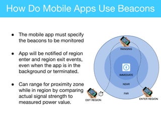 ● The mobile app must specify
the beacons to be monitored
● App will be notified of region
enter and region exit events,
even when the app is in the
background or terminated.
● Can range for proximity zone
while in region by comparing
actual signal strength to
measured power value.
How Do Mobile Apps Use Beacons
 