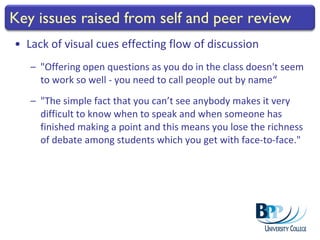 Key issues raised from self and peer review <ul><li>Lack of visual cues effecting flow of discussion </li></ul><ul><ul><li...