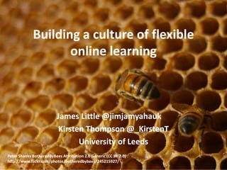 Building a culture of flexible
online learning
James Little @jimjamyahauk
Kirsten Thompson @_KirstenT
University of Leeds
Peter Shanks BotheredByBees Attribution 2.0 Generic (CC BY 2.0)
http://www.flickr.com/photos/botheredbybees/245215927/
 