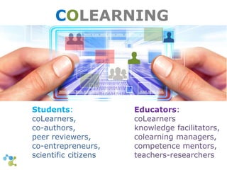COLEARNING 
Educators: 
coLearners 
knowledge facilitators, 
colearning managers, 
competence mentors, 
teachers-researchers 
Students: 
coLearners, 
co-authors, 
peer reviewers, 
co-entrepreneurs, 
scientific citizens 
 