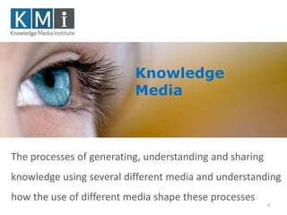 The processes of generating, understanding and sharing 
knowledge using several different media and understanding 
how the use of different media shape these processes 
4 
Knowledge 
Media 
 