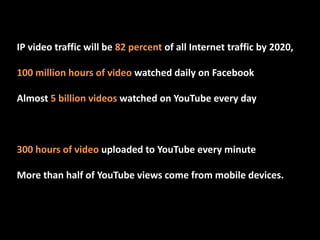 IP video traffic will be 82 percent of all Internet traffic by 2020,
100 million hours of video watched daily on Facebook
Almost 5 billion videos watched on YouTube every day
300 hours of video uploaded to YouTube every minute
More than half of YouTube views come from mobile devices.
 