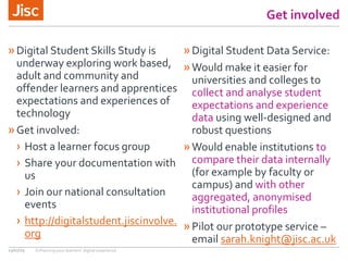 Get involved
»Digital Student Skills Study is
underway exploring work based,
adult and community and
offender learners and apprentices
expectations and experiences of
technology
»Get involved:
› Host a learner focus group
› Share your documentation with
us
› Join our national consultation
events
› http://digitalstudent.jiscinvolve.
org
»Digital Student Data Service:
»Would make it easier for
universities and colleges to
collect and analyse student
expectations and experience
data using well-designed and
robust questions
»Would enable institutions to
compare their data internally
(for example by faculty or
campus) and with other
aggregated, anonymised
institutional profiles
»Pilot our prototype service –
email sarah.knight@jisc.ac.uk
13/07/15 Enhancing your learners’ digital experience
 