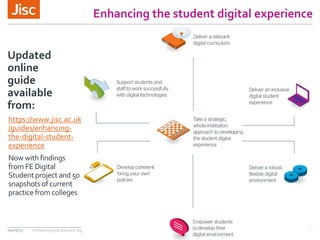 Enhancing the student digital experience
https://www.jisc.ac.uk
/guides/enhancing-
the-digital-student-
experience
Now withfindings
from FEDigital
Studentprojectand 50
snapshotsof current
practicefrom colleges
Updated
online
guide
available
from:
09/09/15 Enhancing your learners’ digital experience
 