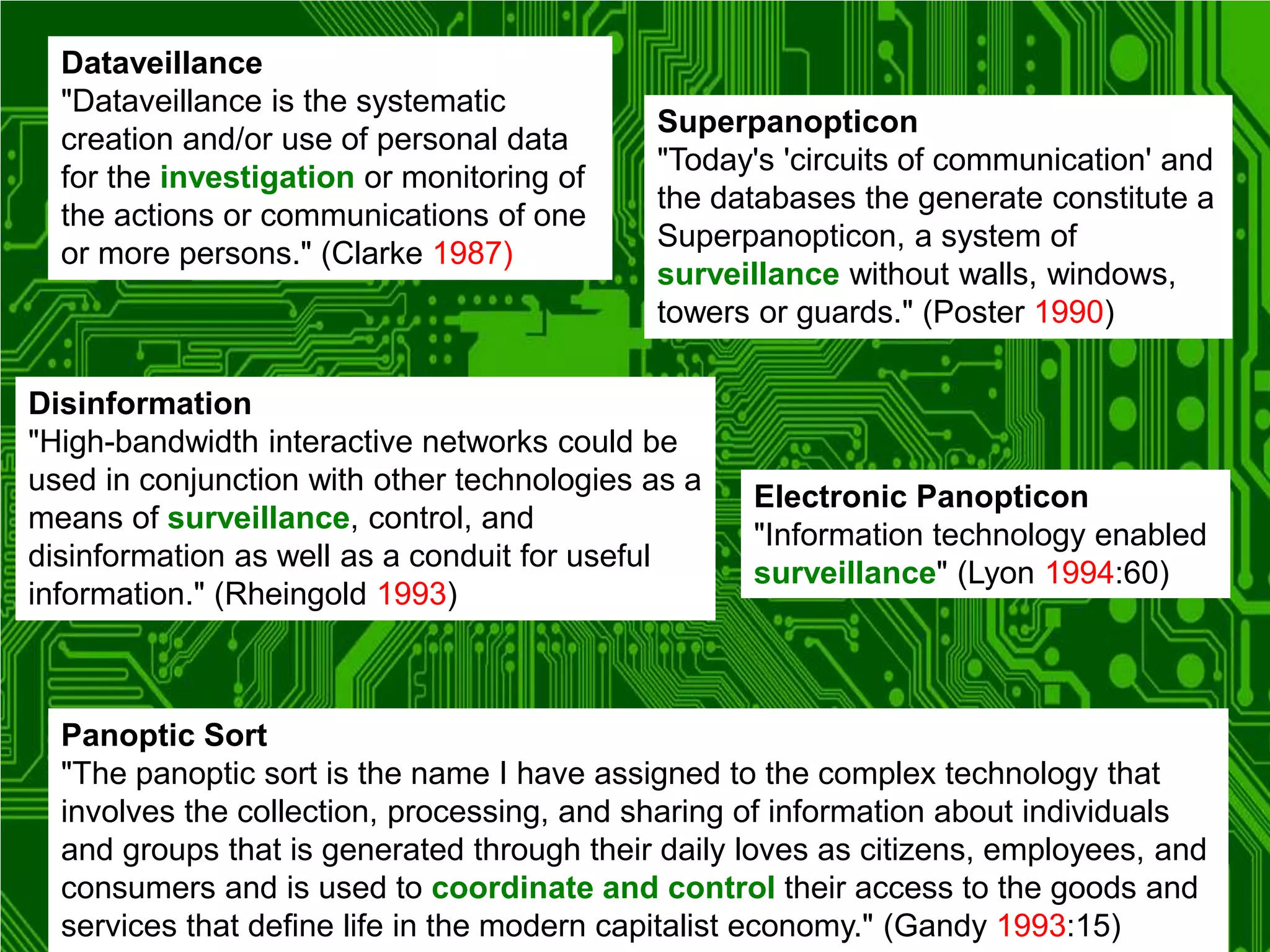 Dataveillance
"Dataveillance is the systematic
creation and/or use of personal data
for the investigation or monitoring of
the actions or communications of one
or more persons." (Clarke 1987)
Panoptic Sort
"The panoptic sort is the name I have assigned to the complex technology that
involves the collection, processing, and sharing of information about individuals
and groups that is generated through their daily loves as citizens, employees, and
consumers and is used to coordinate and control their access to the goods and
services that define life in the modern capitalist economy." (Gandy 1993:15)
Disinformation
"High-bandwidth interactive networks could be
used in conjunction with other technologies as a
means of surveillance, control, and
disinformation as well as a conduit for useful
information." (Rheingold 1993)
Superpanopticon
"Today's 'circuits of communication' and
the databases the generate constitute a
Superpanopticon, a system of
surveillance without walls, windows,
towers or guards." (Poster 1990)
Electronic Panopticon
"Information technology enabled
surveillance" (Lyon 1994:60)
 