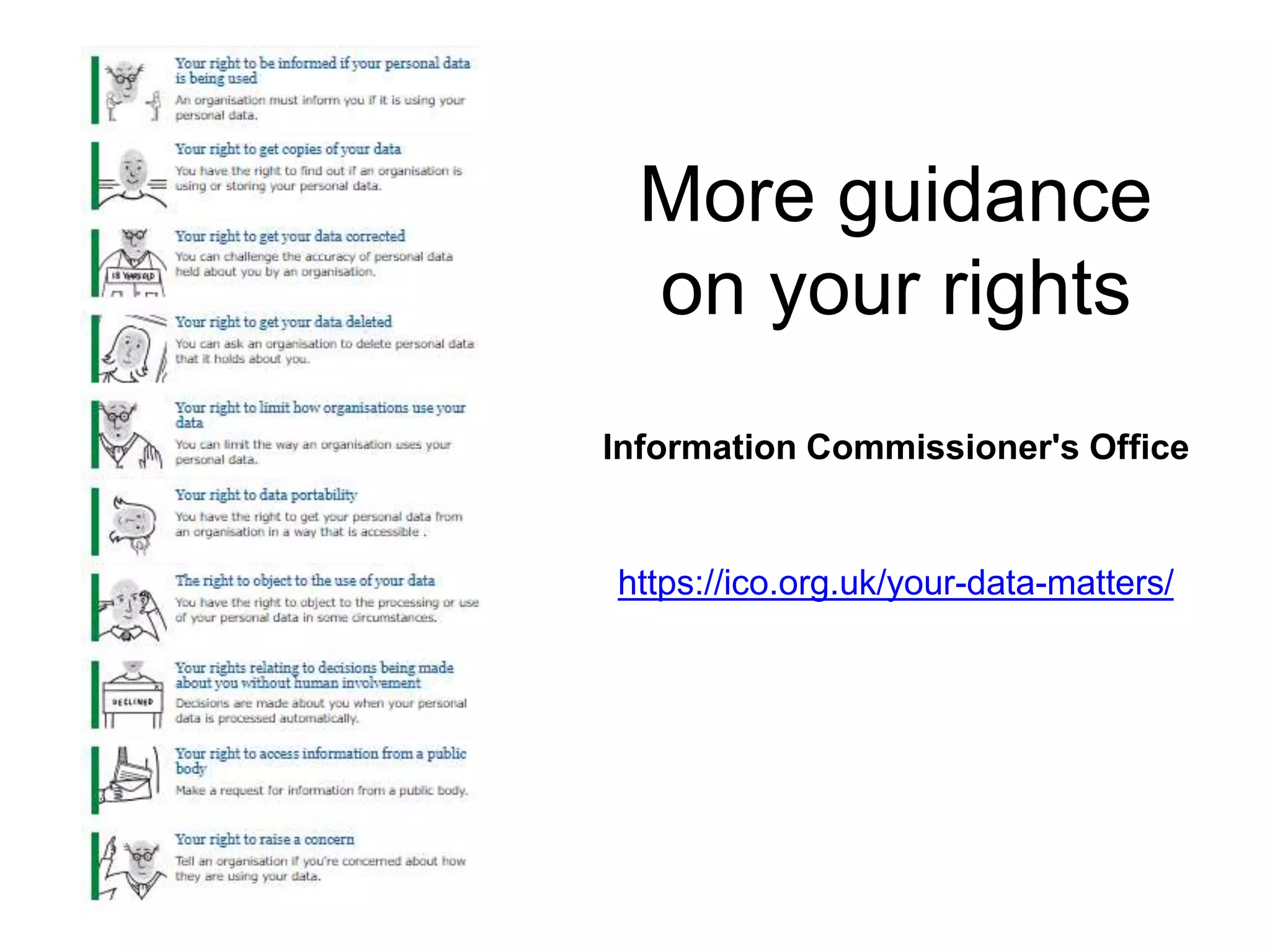 More guidance
on your rights
Information Commissioner's Office
https://ico.org.uk/your-data-matters/
 