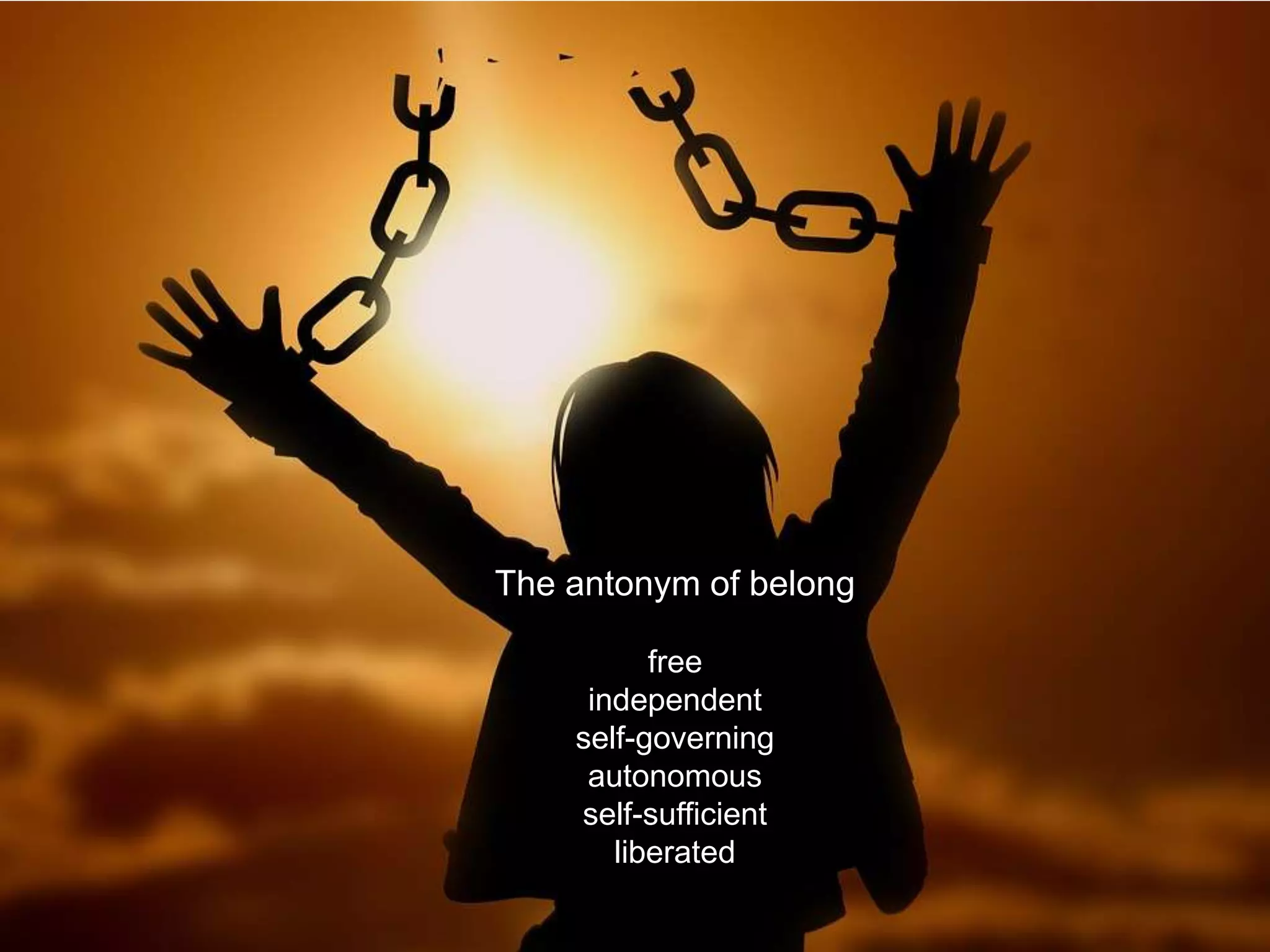 The antonym of belong
free
independent
self-governing
autonomous
self-sufficient
liberated
 
