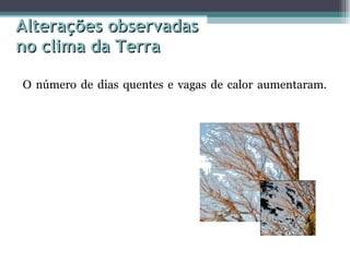 O número de dias quentes e vagas de calor aumentaram.    Alterações observadas no clima da Terra  