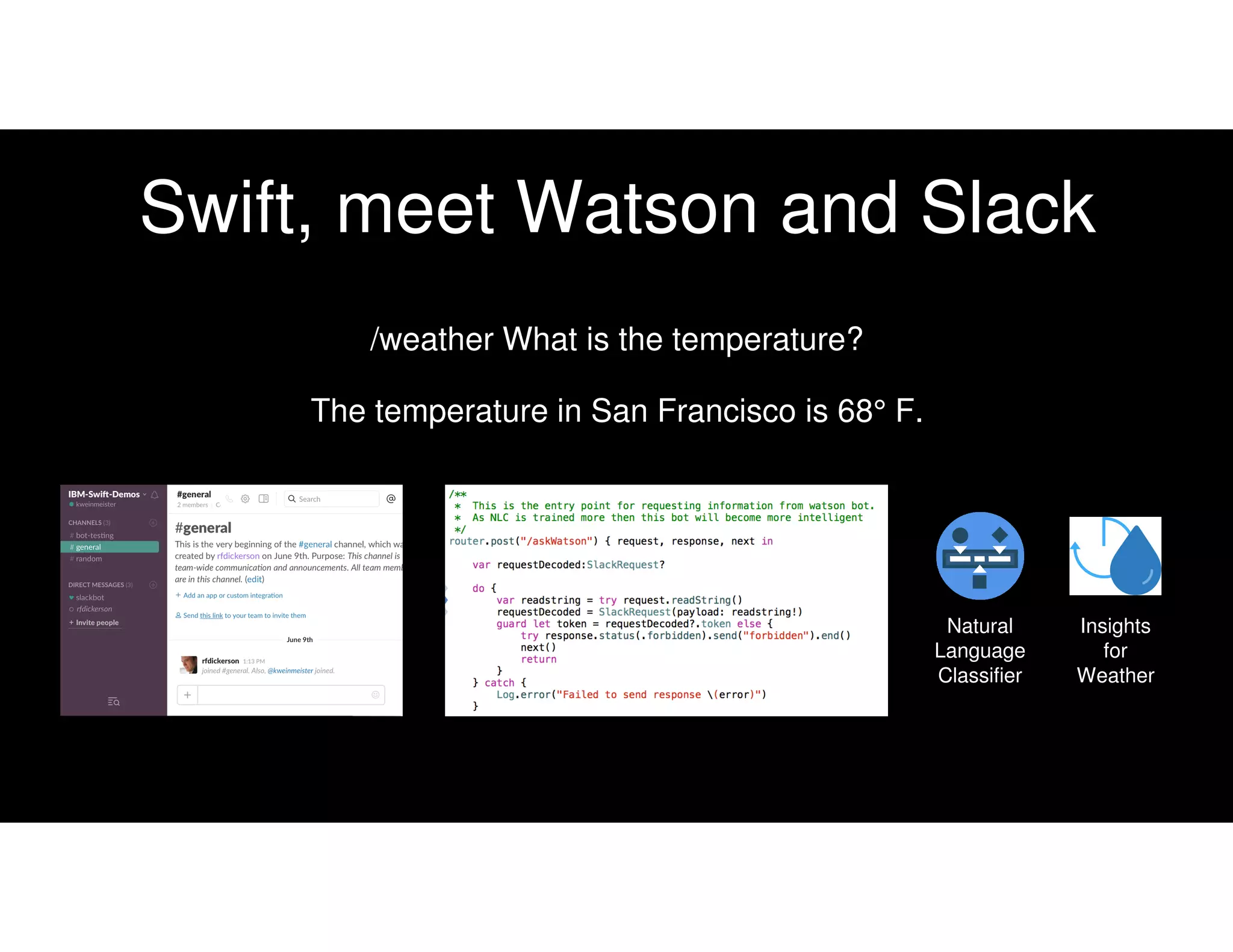 Swift, meet Watson and Slack
/weather What is the temperature?
Natural
Language
Classifier
Insights
for
Weather
The temperature in San Francisco is 68° F.
 
