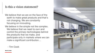 R A I Z L A B S 11
Is this a vision statement?
R A I Z L A B S
We believe that we are on the face of the
earth to make great products and that's
not changing. We are constantly
focusing on innovating. 

We believe in the simple not the complex.
We believe that we need to own and
control the primary technologies behind
the products that we make, and
participate only in markets where we can
make a signiﬁcant contribution…

- Tim Cook
 