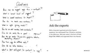 R A I Z L A B S 48
Ask the experts
With a long term goal set and a list of sprint
questions, we interviewed Fran, Christine, and Amy
in the afternoon. We took notes in the form of How
Might We (HMW) and organized them into themes.
M O N D A Y
 