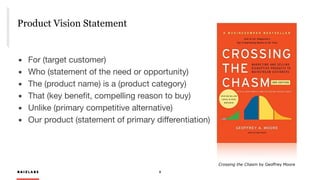 R A I Z L A B S 8
Product Vision Statement
R A I Z L A B S
	▪	 For (target customer)

	▪	 Who (statement of the need or opportunity)

	▪	 The (product name) is a (product category)

	▪	 That (key beneﬁt, compelling reason to buy)

	▪	 Unlike (primary competitive alternative)

	▪	 Our product (statement of primary diﬀerentiation)

Crossing the Chasm by Geoffrey Moore
 