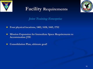 Facility  Requirements Four physical locations, 1402, 1438, 1445, 1752  Mission Expansion for Immediate Space Requirements to Accommodate JTE Consolidation Plan, ultimate goal! Joint Training Enterprise 