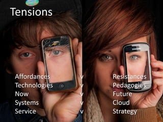 Tensions
Affordances v Resistances
Technologies v Pedagogies
Now v Future
Systems v Cloud
Service v Strategy
 
