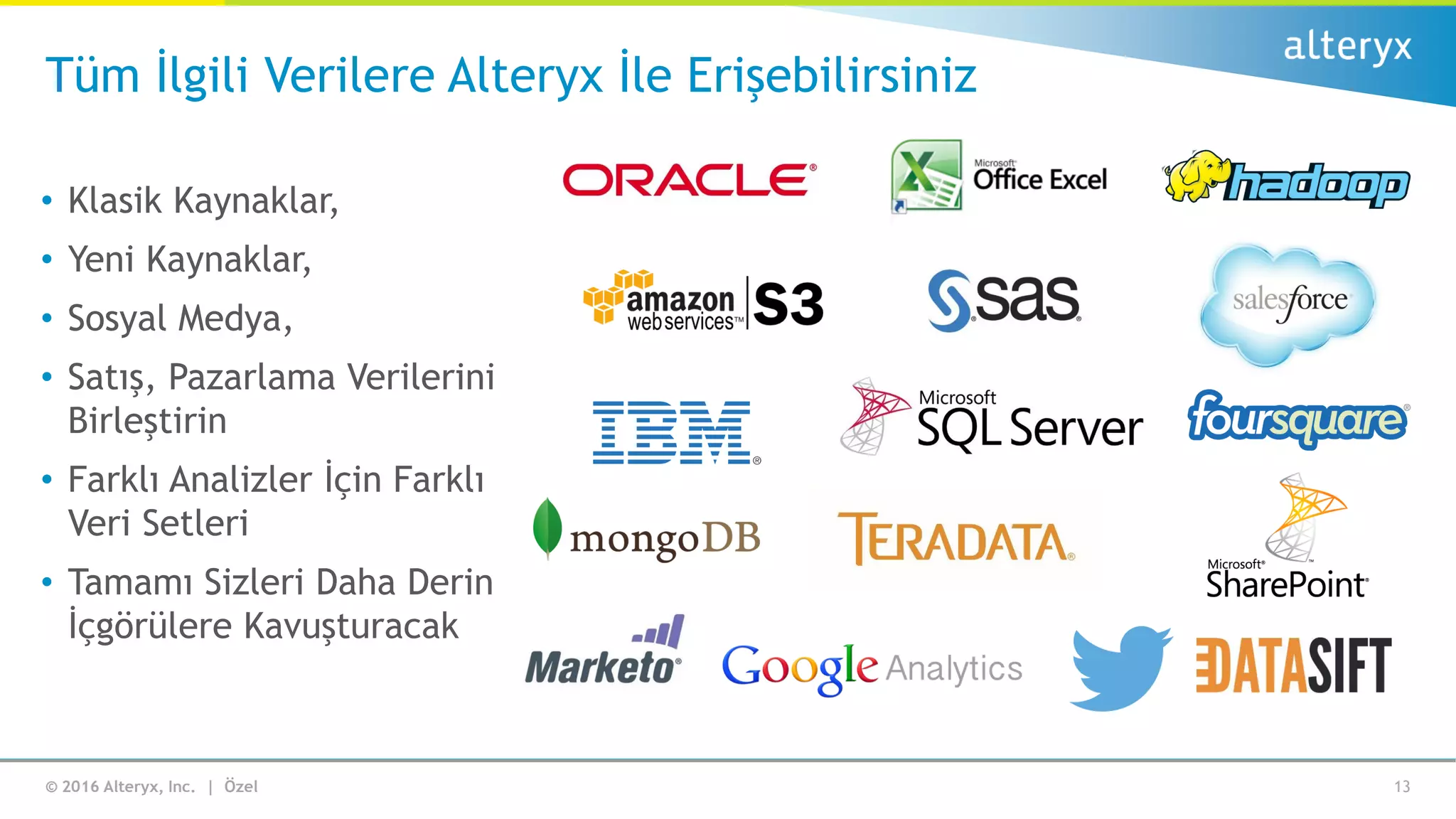 © 2016 Alteryx, Inc. | Özel
Tüm İlgili Verilere Alteryx İle Erişebilirsiniz
• Klasik Kaynaklar,
• Yeni Kaynaklar,
• Sosyal Medya,
• Satış, Pazarlama Verilerini
Birleştirin
• Farklı Analizler İçin Farklı
Veri Setleri
• Tamamı Sizleri Daha Derin
İçgörülere Kavuşturacak
13
 