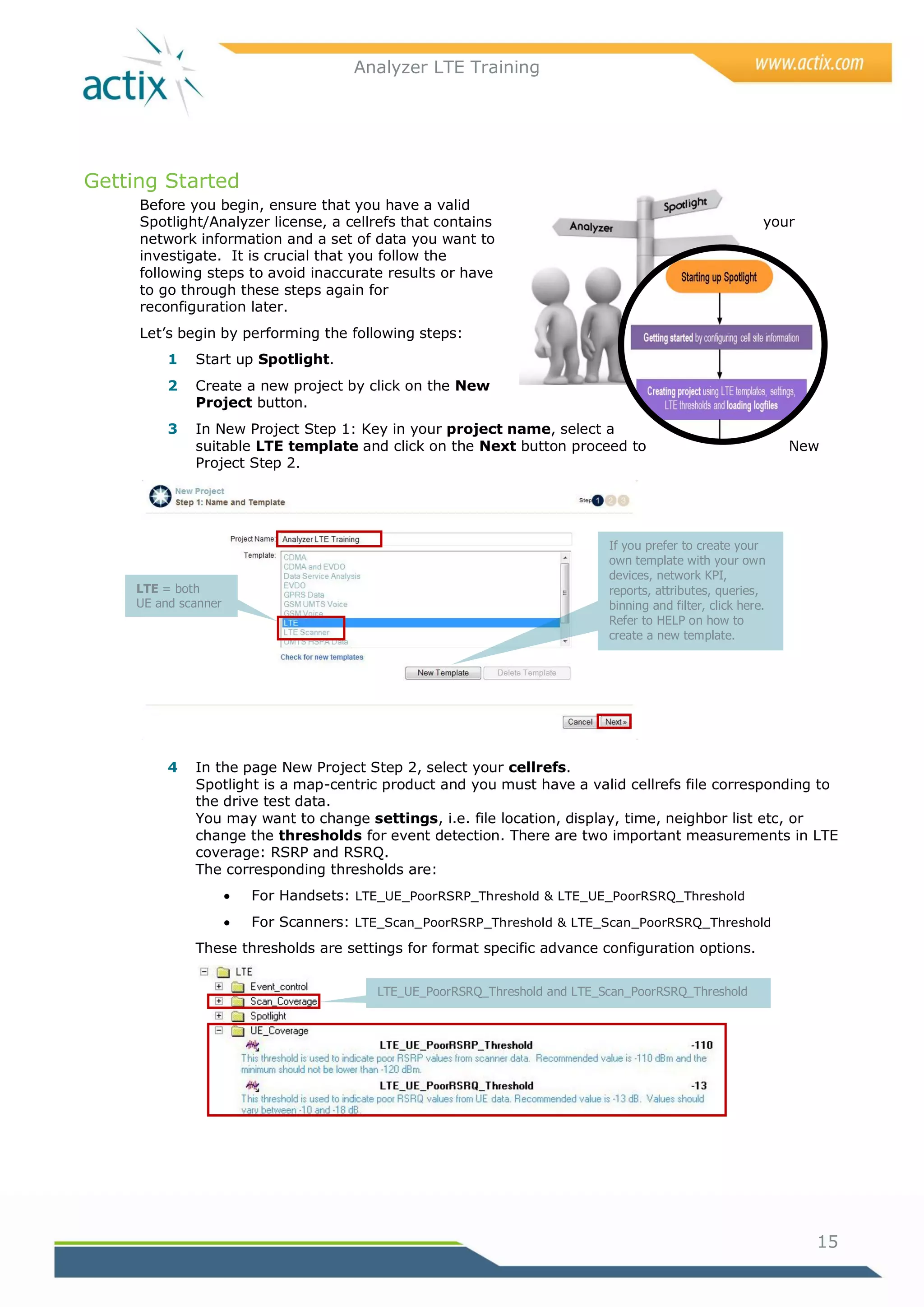 Analyzer LTE Training




Getting Started
     Before you begin, ensure that you have a valid
     Spotlight/Analyzer license, a cellrefs that contains                                                   your
     network information and a set of data you want to
     investigate. It is crucial that you follow the
     following steps to avoid inaccurate results or have
     to go through these steps again for
     reconfiguration later.
     Let‘s begin by performing the following steps:
          1   Start up Spotlight.
          2   Create a new project by click on the New
              Project button.
          3   In New Project Step 1: Key in your project name, select a
              suitable LTE template and click on the Next button proceed to                                     New
              Project Step 2.




                                                                              If you prefer to create your
                                                                              own template with your own
                                                                              devices, network KPI,
     LTE = both                                                               reports, attributes, queries,
     UE and scanner                                                           binning and filter, click here.
                                                                              Refer to HELP on how to
                                                                              create a new template.




          4   In the page New Project Step 2, select your cellrefs.
              Spotlight is a map-centric product and you must have a valid cellrefs file corresponding to
              the drive test data.
              You may want to change settings, i.e. file location, display, time, neighbor list etc, or
              change the thresholds for event detection. There are two important measurements in LTE
              coverage: RSRP and RSRQ.
              The corresponding thresholds are:
                         For Handsets: LTE_UE_PoorRSRP_Threshold & LTE_UE_PoorRSRQ_Threshold
                         For Scanners: LTE_Scan_PoorRSRP_Threshold & LTE_Scan_PoorRSRQ_Threshold
              These thresholds are settings for format specific advance configuration options.


                                           LTE_UE_PoorRSRQ_Threshold and LTE_Scan_PoorRSRQ_Threshold




                                                                                                                   15
 