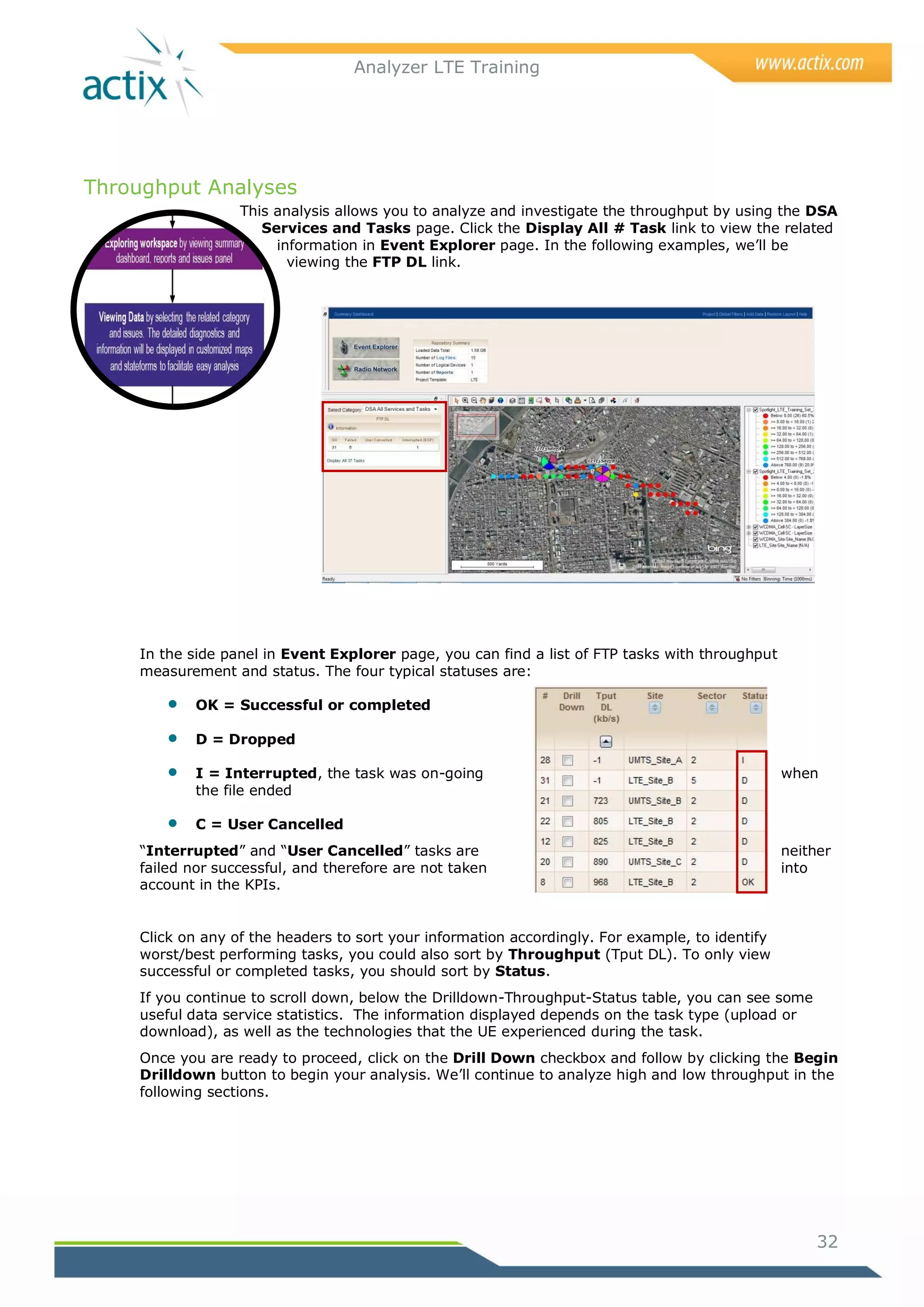 Analyzer LTE Training




Throughput Analyses
                  This analysis allows you to analyze and investigate the throughput by using the DSA
                     Services and Tasks page. Click the Display All # Task link to view the related
                       information in Event Explorer page. In the following examples, we‘ll be
                         viewing the FTP DL link.




    In the side panel in Event Explorer page, you can find a list of FTP tasks with throughput
    measurement and status. The four typical statuses are:

           OK = Successful or completed

           D = Dropped

           I = Interrupted, the task was on-going                                               when
            the file ended

           C = User Cancelled
    ―Interrupted‖ and ―User Cancelled‖ tasks are                                                 neither
    failed nor successful, and therefore are not taken                                           into
    account in the KPIs.


    Click on any of the headers to sort your information accordingly. For example, to identify
    worst/best performing tasks, you could also sort by Throughput (Tput DL). To only view
    successful or completed tasks, you should sort by Status.
    If you continue to scroll down, below the Drilldown-Throughput-Status table, you can see some
    useful data service statistics. The information displayed depends on the task type (upload or
    download), as well as the technologies that the UE experienced during the task.
    Once you are ready to proceed, click on the Drill Down checkbox and follow by clicking the Begin
    Drilldown button to begin your analysis. We‘ll continue to analyze high and low throughput in the
    following sections.




                                                                                                      32
 