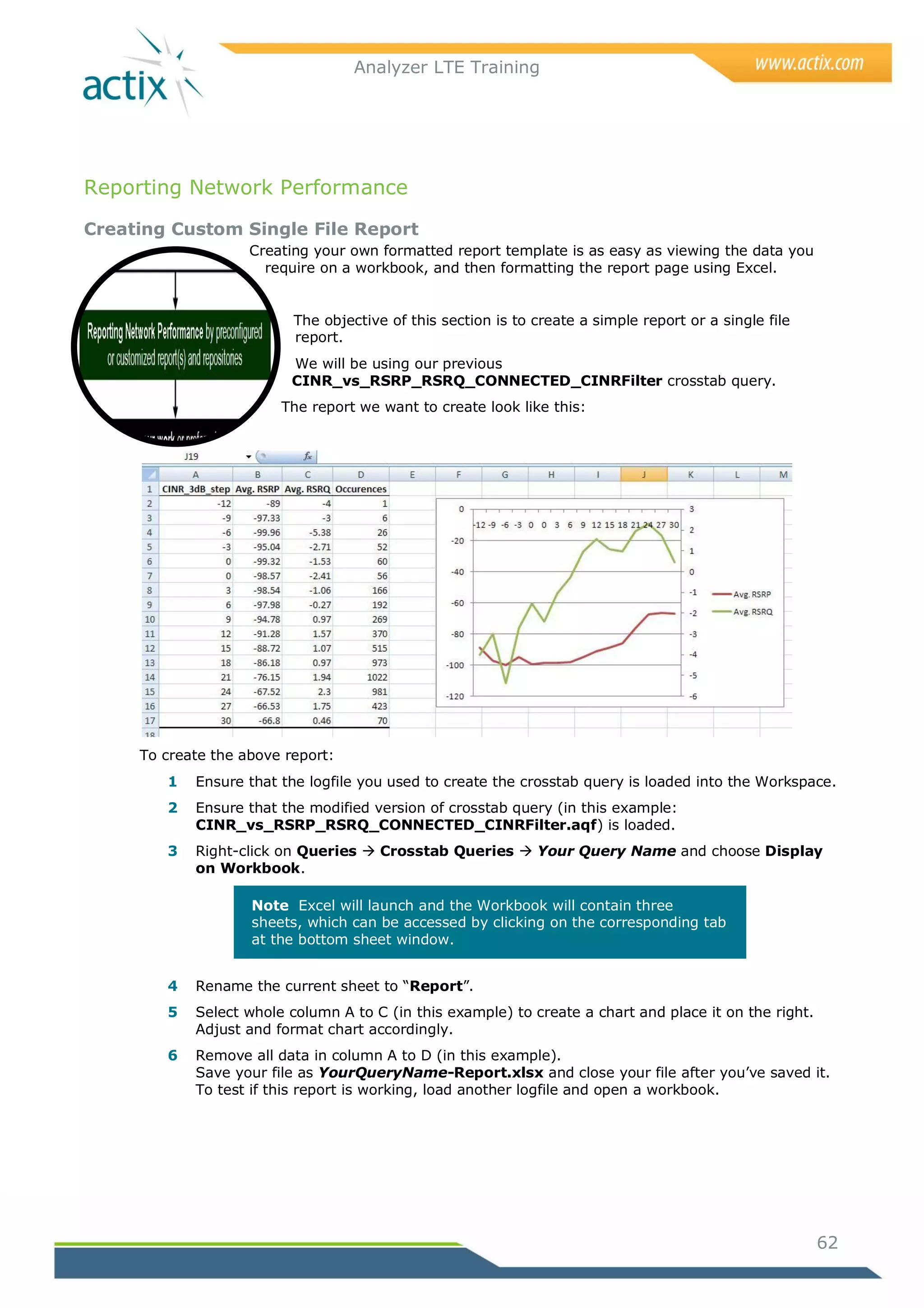 Analyzer LTE Training




Reporting Network Performance

Creating Custom Single File Report
                    Creating your own formatted report template is as easy as viewing the data you
                      require on a workbook, and then formatting the report page using Excel.


                          The objective of this section is to create a simple report or a single file
                          report.
                          We will be using our previous
                          CINR_vs_RSRP_RSRQ_CONNECTED_CINRFilter crosstab query.
                        The report we want to create look like this:




     To create the above report:
        1   Ensure that the logfile you used to create the crosstab query is loaded into the Workspace.
        2   Ensure that the modified version of crosstab query (in this example:
            CINR_vs_RSRP_RSRQ_CONNECTED_CINRFilter.aqf) is loaded.
        3   Right-click on Queries  Crosstab Queries  Your Query Name and choose Display
            on Workbook.

                    Note Excel will launch and the Workbook will contain three
                    sheets, which can be accessed by clicking on the corresponding tab
                    at the bottom sheet window.


        4   Rename the current sheet to ―Report‖.
        5   Select whole column A to C (in this example) to create a chart and place it on the right.
            Adjust and format chart accordingly.
        6   Remove all data in column A to D (in this example).
            Save your file as YourQueryName-Report.xlsx and close your file after you‘ve saved it.
            To test if this report is working, load another logfile and open a workbook.




                                                                                                        62
 