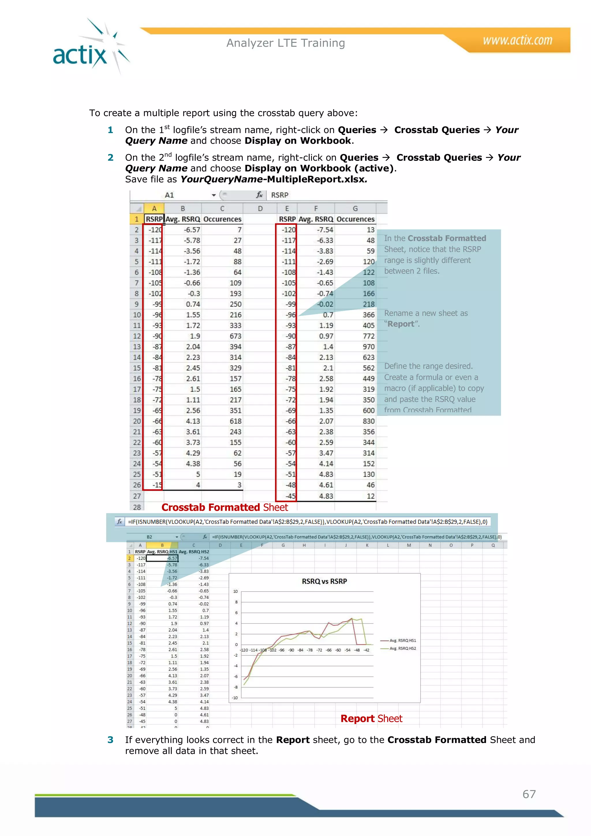 Analyzer LTE Training




To create a multiple report using the crosstab query above:
   1   On the 1st logfile‘s stream name, right-click on Queries  Crosstab Queries  Your
       Query Name and choose Display on Workbook.
   2   On the 2nd logfile‘s stream name, right-click on Queries  Crosstab Queries  Your
       Query Name and choose Display on Workbook (active).
       Save file as YourQueryName-MultipleReport.xlsx.




                                                               In the Crosstab Formatted
                                                               Sheet, notice that the RSRP
                                                               range is slightly different
                                                               between 2 files.




                                                               Rename a new sheet as
                                                               “Report”.




                                                               Define the range desired.
                                                               Create a formula or even a
                                                               macro (if applicable) to copy
                                                               and paste the RSRQ value
                                                               from Crosstab Formatted
                                                               Sheet to the Report sheet.
                                                               See the Report page below.




                                                               Create a line chart based on
                                                               the new data.

               Crosstab Formatted Sheet




                                                       Report Sheet

   3   If everything looks correct in the Report sheet, go to the Crosstab Formatted Sheet and
       remove all data in that sheet.



                                                                                               67
 