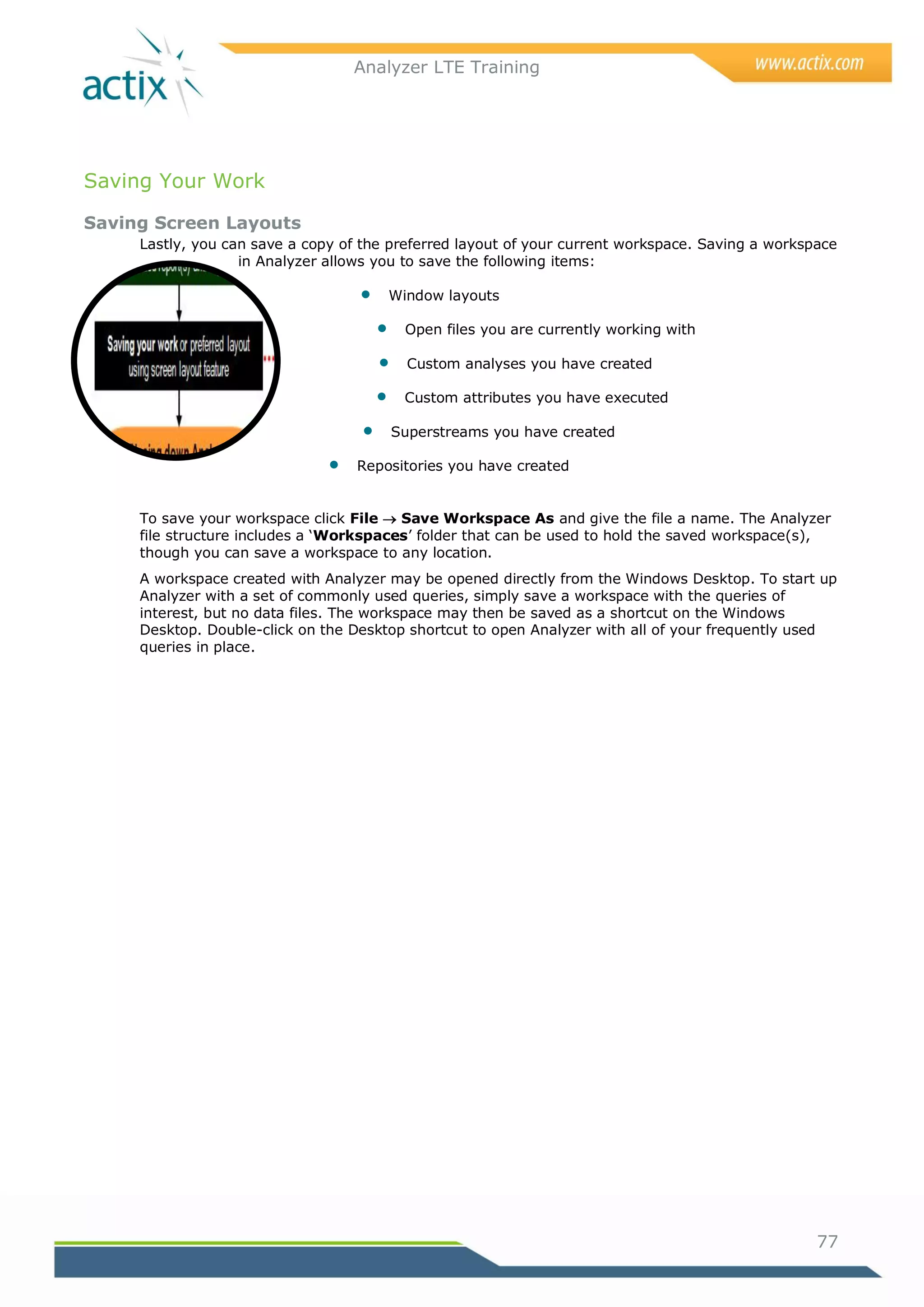 Analyzer LTE Training




Saving Your Work

Saving Screen Layouts
     Lastly, you can save a copy of the preferred layout of your current workspace. Saving a workspace
                   in Analyzer allows you to save the following items:

                                           Window layouts

                                             Open files you are currently working with

                                             Custom analyses you have created

                                             Custom attributes you have executed

                                           Superstreams you have created

                                  Repositories you have created


     To save your workspace click File  Save Workspace As and give the file a name. The Analyzer
     file structure includes a ‗Workspaces‘ folder that can be used to hold the saved workspace(s),
     though you can save a workspace to any location.
     A workspace created with Analyzer may be opened directly from the Windows Desktop. To start up
     Analyzer with a set of commonly used queries, simply save a workspace with the queries of
     interest, but no data files. The workspace may then be saved as a shortcut on the Windows
     Desktop. Double-click on the Desktop shortcut to open Analyzer with all of your frequently used
     queries in place.




                                                                                                   77
 