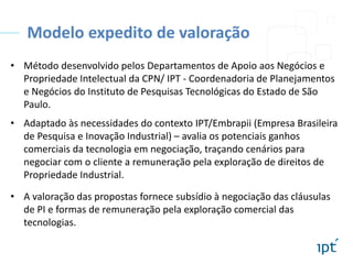 Modelo expedito de valoração
• Método desenvolvido pelos Departamentos de Apoio aos Negócios e
Propriedade Intelectual da CPN/ IPT - Coordenadoria de Planejamentos
e Negócios do Instituto de Pesquisas Tecnológicas do Estado de São
Paulo.
• Adaptado às necessidades do contexto IPT/Embrapii (Empresa Brasileira
de Pesquisa e Inovação Industrial) – avalia os potenciais ganhos
comerciais da tecnologia em negociação, traçando cenários para
negociar com o cliente a remuneração pela exploração de direitos de
Propriedade Industrial.

• A valoração das propostas fornece subsídio à negociação das cláusulas
de PI e formas de remuneração pela exploração comercial das
tecnologias.

 